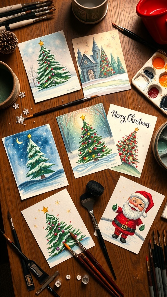 A variety of painted Christmas cards with festive designs on a wooden table.